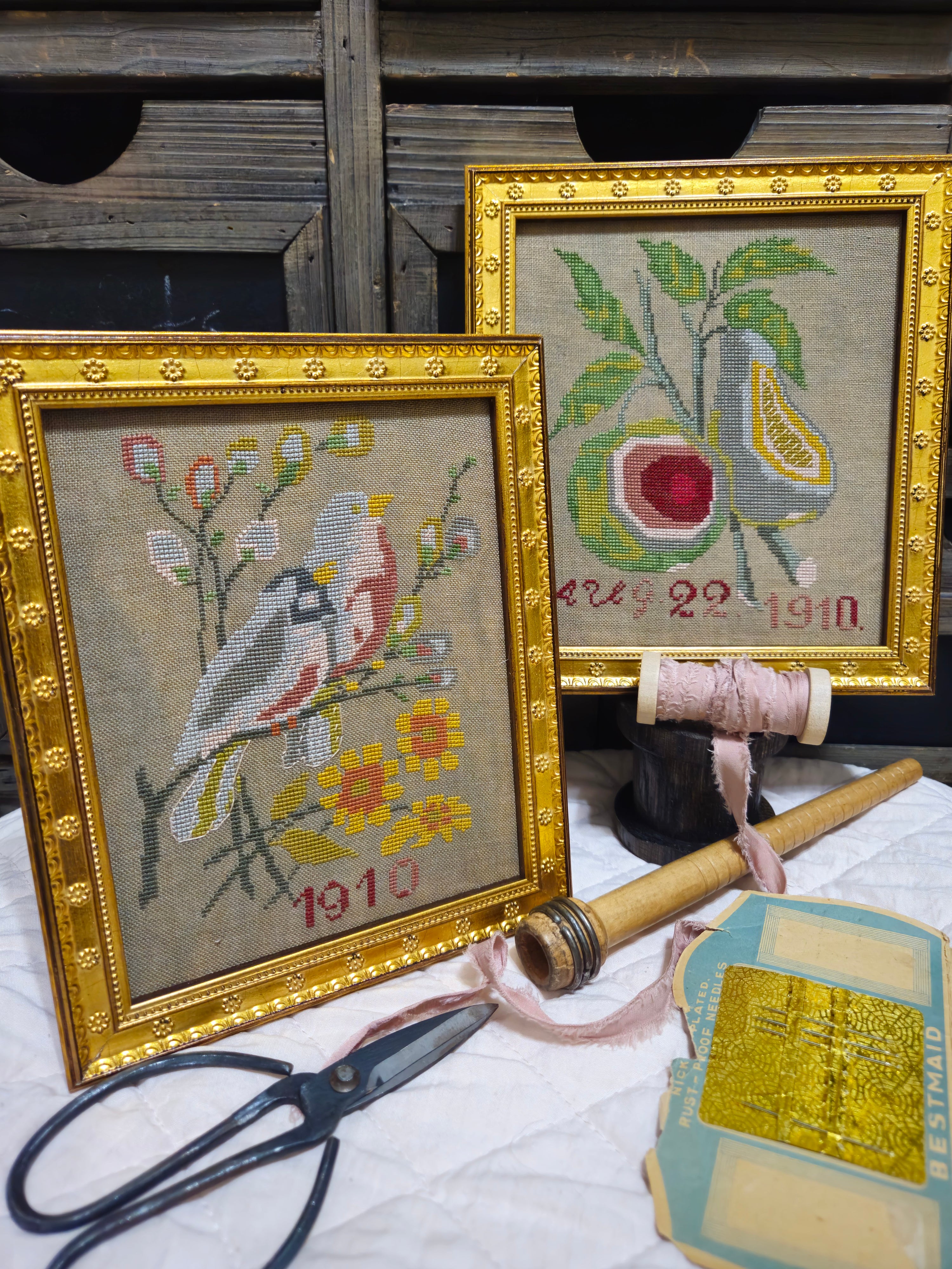 1910 Bird and Pear - Quaint Rose Needlearts - Preorder - BeStitchMe