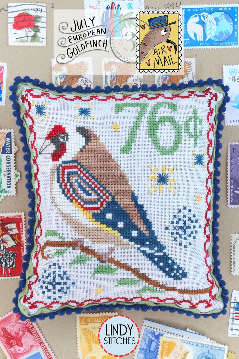 Air Mail July European Goldfinch by Lindy Stitches