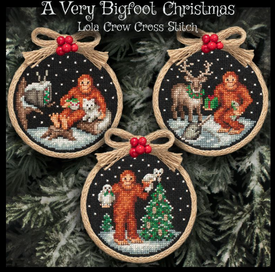 A Very Bigfoot Christmas Ornament Set by Lola Crow Cross Stitch - Preorder