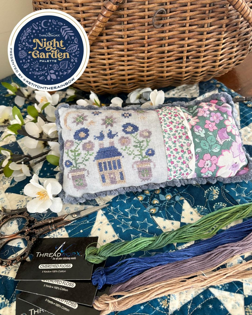 Midnight Posies Pin Pillow by Pansy Patch Quilts and Stitchery