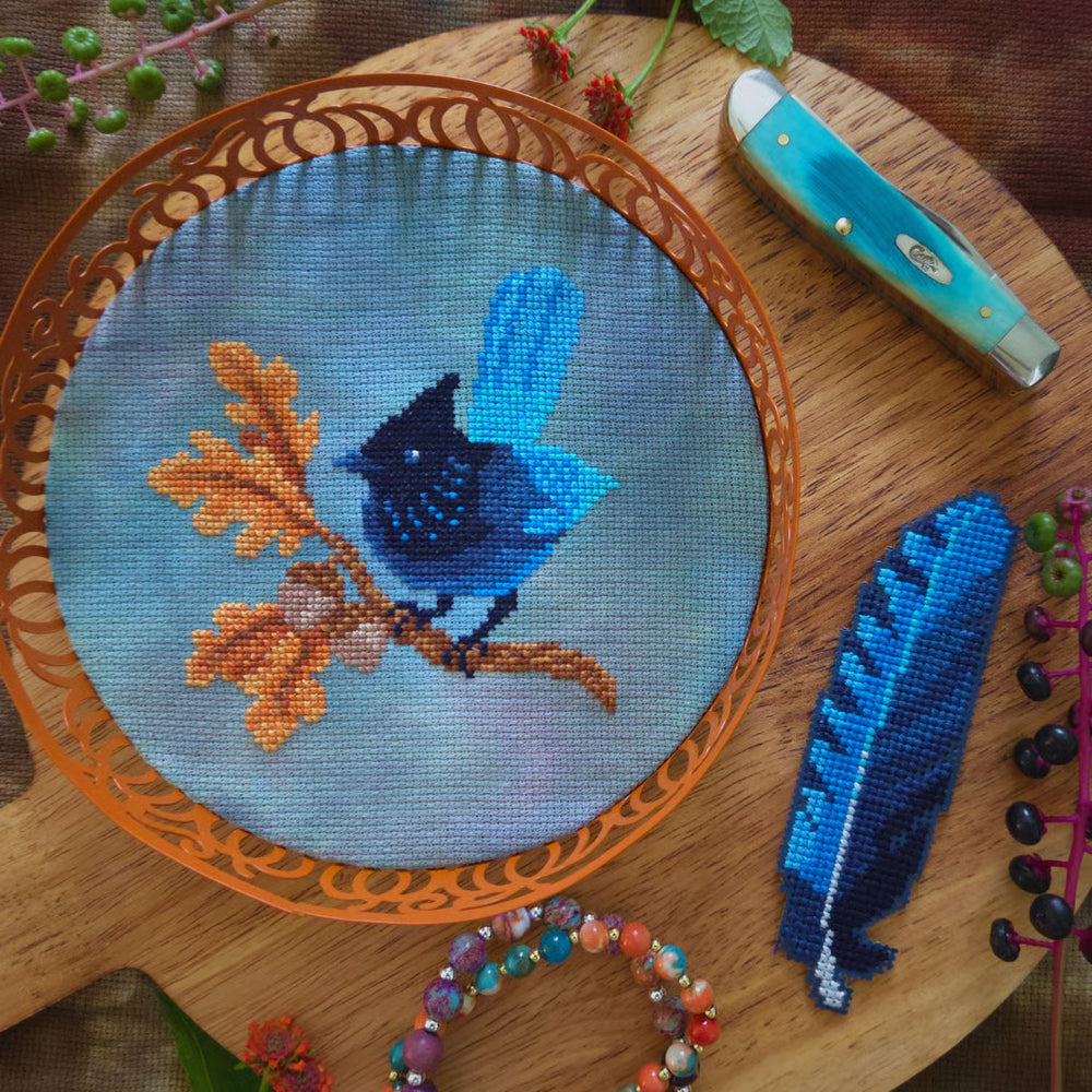 Steller's Jay and Feather Bookmark by BAD Stitch - Preorder